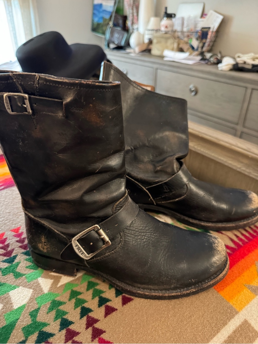 Frye Black Leather Ankle Engineer Boots